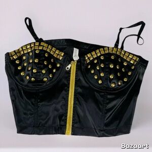 New Sz S hip hop costume studded Bralet Corset Black Gold Zip Front Halloween